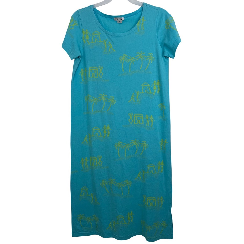 M.Mac Palm Trees Blue Green Ankle Length Cotton Dress Size Medium‎ Artsy Cruise